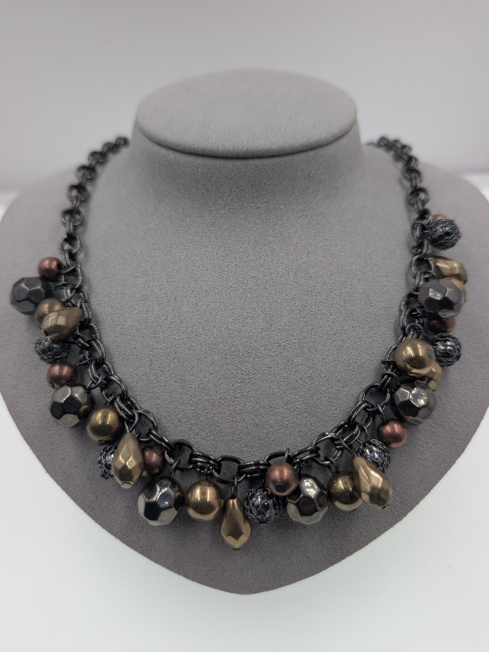 Gunmetal Multitone Metallic Chunky Cluster Fringe Statement Collar Necklace 0414